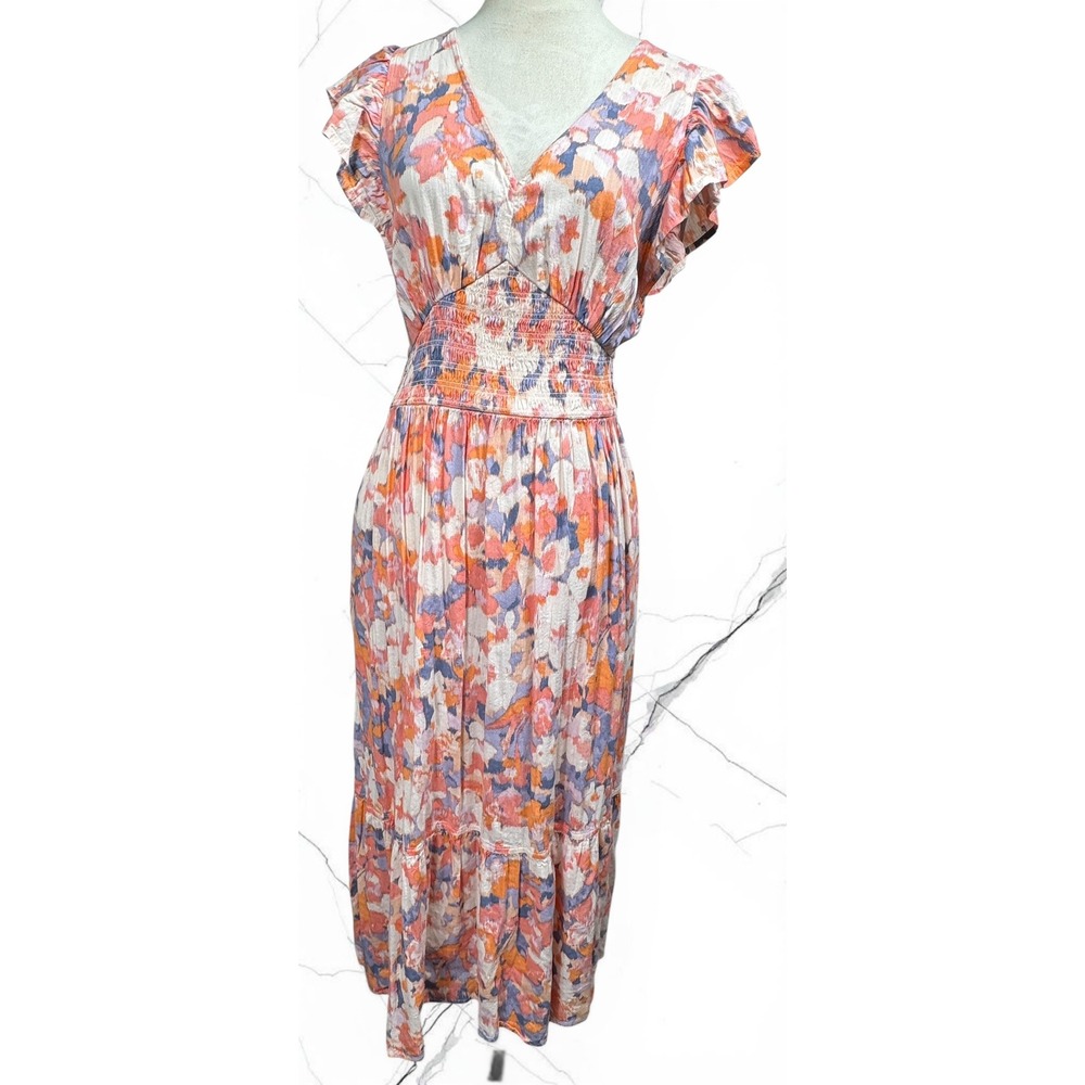 Gap Floral Maxi Dress Women Size M Multicolor Boho Smocked Waist Ruffle Sleeve